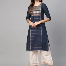 AURELIA Women Navy Blue & Golden Printed Straight Kurta-picture-0