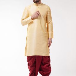 SOJANYA Men Golden-Coloured & Maroon Solid Kurta with Dhoti Pants-picture-1