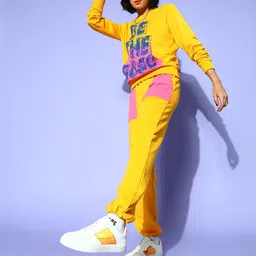 SASSAFRAS Women Bright Yellow Colourblocked Block & Patch Track Pants-picture-22