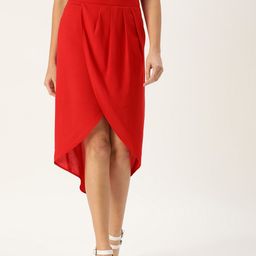 ROVING MODE Women Red Faux Wrap Midi Skirt-45