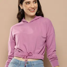 HERE&NOW Solid Drop Shoulder sleeves Hooded Crop Sweatshirt-image-97