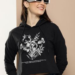 HERE&NOW Floral Printed Drop Shoulder sleeves Hooded Crop Sweatshirt-picture-26