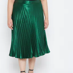 Uptownie Lite Plus Size Green Solid Accordian Pleated Satin Flared Midi Skirt-image-51