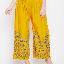 Clora Creation Women Mustard Yellow & Blue Floral Printed Cropped Ethnic Palazzos-image-70
