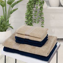 BIANCA Set Of 6 Beige & Navy Blue Solid Pure Cotton 380 GSM Towel Set-28