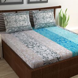 Divine Casa Blue & Beige Abstract 144 TC Cotton 1 King Bedsheet with 2 Pillow Covers-35