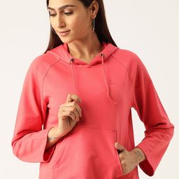 Laabha Women Coral Pink Hooded Solid Sweatshirt-image-67
