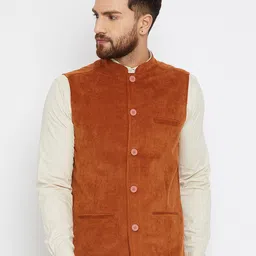 even Men Orange Solid Velvet Nehru Jacket-image-75