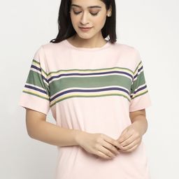 DOOR74 Women Pink Striped Round Neck Cotton T-shirt-image-46