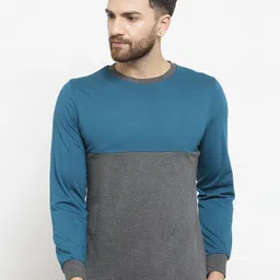 Kalt Men Teal Blue & Grey Melange Colourblocked Round Neck T-shirt-image-39
