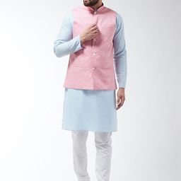 SOJANYA Men Turquoise Blue & Pink Solid Kurta And Churidar With Jacket-13