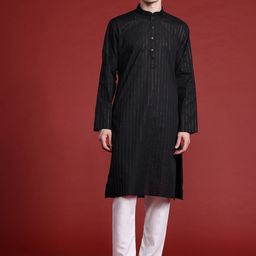 MANQ Men Striped Kantha Work Pure Cotton Kurta with Pyjamas-image-60