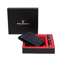 WildHorn Men Blue RFID Protected Genuine Leather Wallet & Pen Accessory Gift Set-image-52