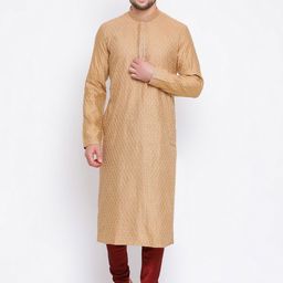 Sanwara Men Beige Woven Design Jacquard Weave Straight Kurta-image-41