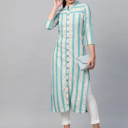 KSUT Women Beige & Blue Striped Straight Kurta-image-13