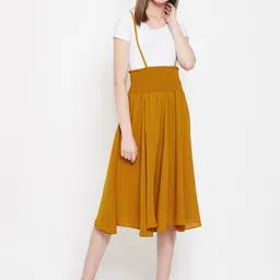 PANIT Women Mustard Yellow Solid Flared Midi Skirt-image-46