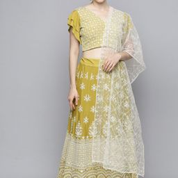 Kvsfab Mustard Embroidered Sequinned Semi-Stitched Lehenga & Unstitched Blouse With Dupatta-47
