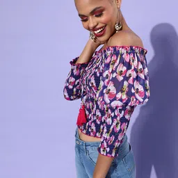 Antheaa Women Blue Floral Smocked Top-image-84