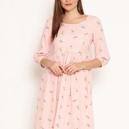Ruhaans Women Peach-Coloured & Blue Floral Printed Empire Dress-image-51