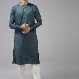 See Designs Men Teal Striped Thread Work Kurta with Trousers-picture-40