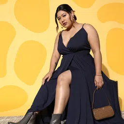 Berrylush Curve Women Solid Slit Detail Crepe Wrap Maxi Dress-image-53