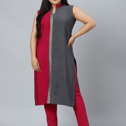 curveZI by Ziyaa Women Magenta & Grey Colourblocked Kurta with Trousers-image-40
