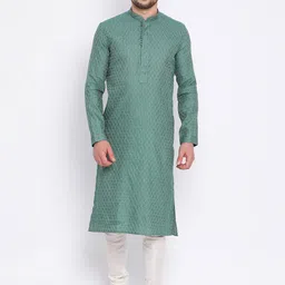 Sanwara Men Green Woven Design Jacquard Straight Kurta-image-47