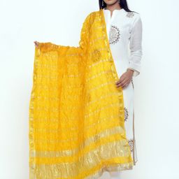 SOUNDARYA Women Yellow & Gold-Coloured Silk Hand Tie-Dye Bandhej Dupatta-picture-28