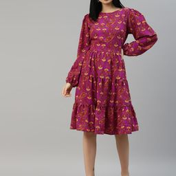 plusS Purple & Yellow Ethnic Motifs A-Line Dress-image-79
