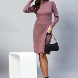 Rigo Mauve Full Sleeve Side Slit Sheath Dress-18