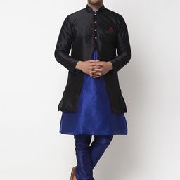 Benstoke Men Black & Blue Self-Design Sherwani Set-image-80