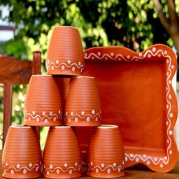 Unravel India Brown Set of 6 Ceramic Cups & Tray-54