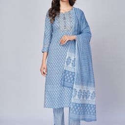 Vbuyz Women Blue Ethnic Motifs Panelled Kurti with Trousers & With Dupatta-picture-46