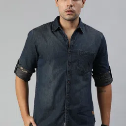 Roadster Men Navy Blue Faded Sustainable Casual Denim Shirt-image-18