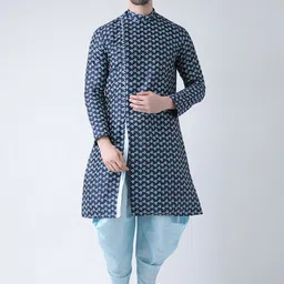 DEYANN Men Navy Blue Printed Dupion Silk Straight Kurta-image-8