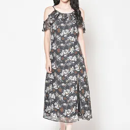 Cation Women Charcoal Grey & White Floral Print Midi A-Line Dress-image-19