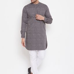 Hypernation Men Charcoal Grey & Off White Geometric Printed Kurta-16