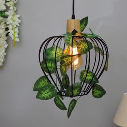 Homesake Black & Green Solid Contemporary Hanging Lamp With Leafy Vine-4