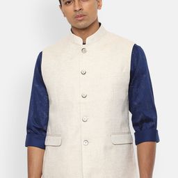 Van Heusen Men Cream Solid Linen Nehru Jacket-23