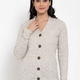 Kalt Women Beige Self Design Cardigan Sweater-image-36