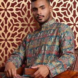 MANQ Men Ethnic Motifs Embroidered Chikankari Pure Cotton Kurta with Churidar-image-85