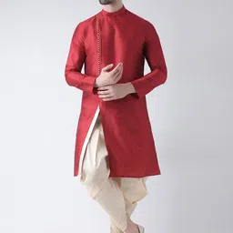DEYANN Men Red Solid Dupion Silk Straight Kurta-picture-5