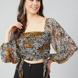 Athena Black Floral Printed Puff Sleeves Smocked Georgette Regular Crop Top-picture-41