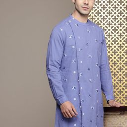 House of Pataudi Floral Embroidered Band Collar Pure Cotton Jashn Kurta-image-36