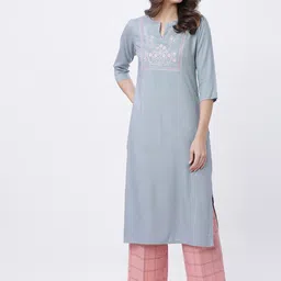 Vishudh Women Grey Floral Yoke Design Thread Work Kurta-picture-36