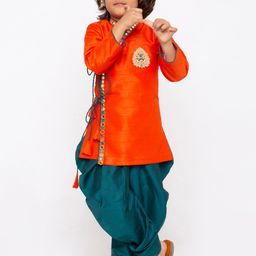 YK Boys Orange & Teal Green Embroidered Angrakha Kurta with Dhoti Pants-16