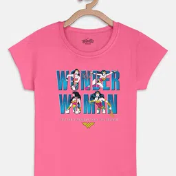 Kids Ville Girls Pink Wonder Woman Printed Round Neck Pure Cotton T-shirt-image-80