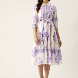 Jaipur Morni Floral Print Puff Sleeves Tiered A-Line Pure Cotton Midi Dress with Belt-image-16