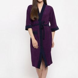 ELEVANTO Women Purple & Navy Blue Colourblocked Bathstories Bath Robe-image-86