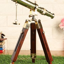 EXIM DECOR Gold-Toned & Brown Brass Telescope With Wooden Tripod Stand-image-72